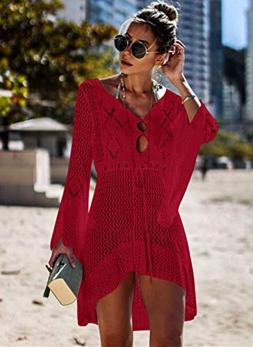 Jinsha Vestido de Playa - Mujer Pareos y Camisola de Playa Sexy Hueco Traje de Baño Punto Bikini Cover up (Red)