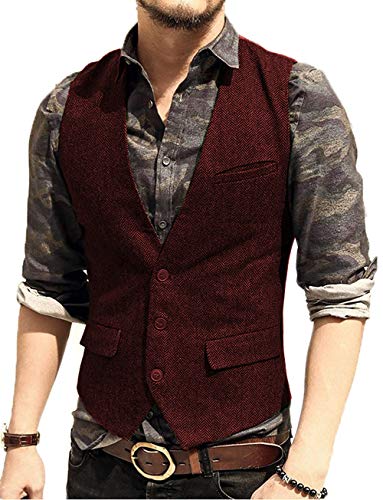 JinXuanYa Tweed Chaleco Hombre Café Vestir Lana de Invierno 2020 Vintage Casual Cuello V Multibolsillo para Trabajo Traje Navidad Fiesta -L