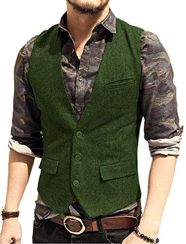 JinXuanYa Tweed Chaleco Hombre Café Vestir Lana de Invierno 2020 Vintage Casual Cuello V Multibolsillo para Trabajo Traje Navidad Fiesta -L