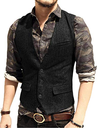 JinXuanYa Tweed Chaleco Hombre Café Vestir Lana de Invierno 2020 Vintage Casual Cuello V Multibolsillo para Trabajo Traje Navidad Fiesta -L