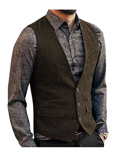 JinXuanYa Tweed Chaleco Hombre Café Vestir Lana de Invierno 2020 Vintage Casual Cuello V Multibolsillo para Trabajo Traje Navidad Fiesta -L