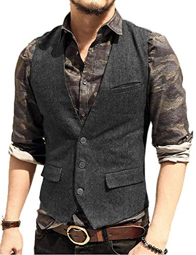 JinXuanYa Tweed Chaleco Hombre Café Vestir Lana de Invierno 2020 Vintage Casual Cuello V Multibolsillo para Trabajo Traje Navidad Fiesta -L