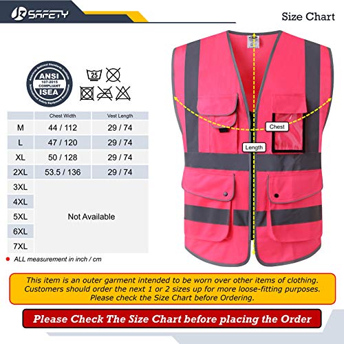 JKSafety Nueve bolsillos Nivel 2 Uniforme trabajo Chaleco con cremallera-Chaleco reflectante fluorescente-Chaleco de segurida Rosa(X-Large)
