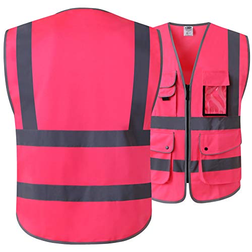 JKSafety Nueve bolsillos Nivel 2 Uniforme trabajo Chaleco con cremallera-Chaleco reflectante fluorescente-Chaleco de segurida Rosa(X-Large)