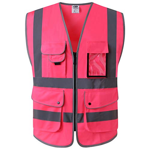 JKSafety Nueve bolsillos Nivel 2 Uniforme trabajo Chaleco con cremallera-Chaleco reflectante fluorescente-Chaleco de segurida Rosa(X-Large)