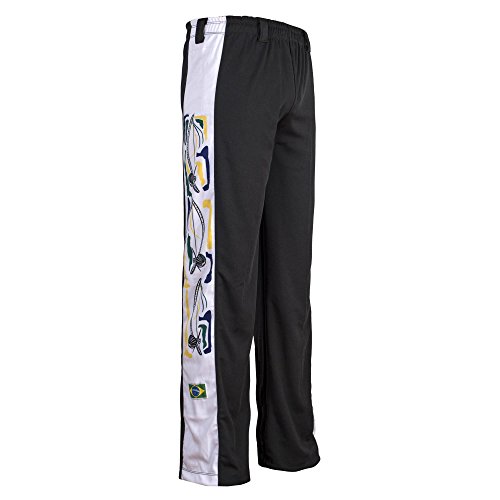 JL Sport Pantalones Auténtica Brasileña Capoeira Artes Marciales para Chicos (Negro con Berimbau Imprimir A Lo Largo De Bein) - 9-10