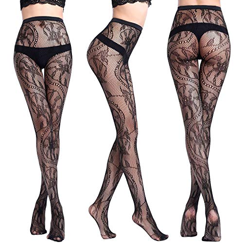 Joeyer Medias Lencería Liguero Muslo Panti Sexy Dibujos Florales Medias de Rejilla para Mujer Fishnet Tights Pantimedias - 6 Pares