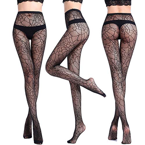 Joeyer Medias Lencería Liguero Muslo Panti Sexy Dibujos Florales Medias de Rejilla para Mujer Fishnet Tights Pantimedias - 6 Pares
