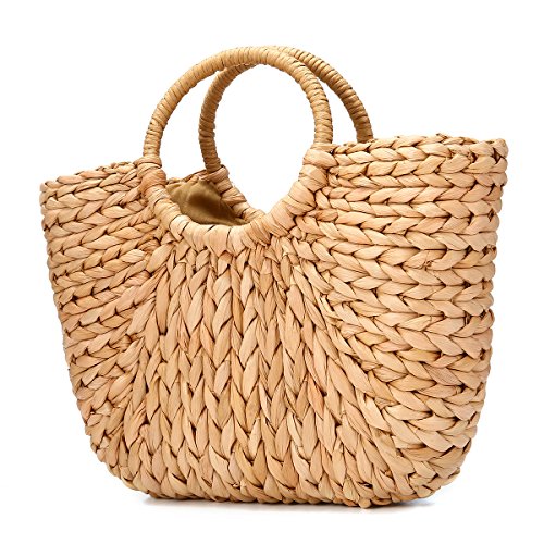 JOSEKO Bolso de playa de verano, bolso de mujer tejido de paja, bolso de rafia, bolso de playa, bolso de compras para viajes diarios (color natural)