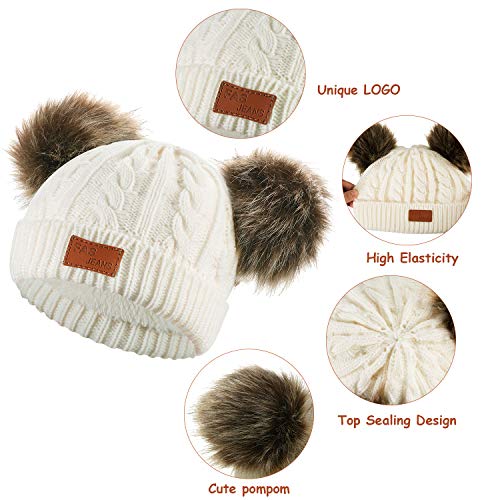 Juego Caliente de Invierno de Bebé 3 Piezas Gorro con Doble Pompones Bufanda Guantes de Puntos para Niños (Blanco)