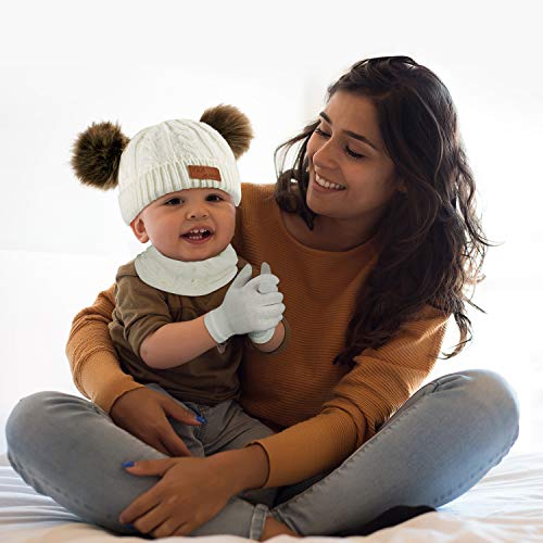 Juego Caliente de Invierno de Bebé 3 Piezas Gorro con Doble Pompones Bufanda Guantes de Puntos para Niños (Blanco)