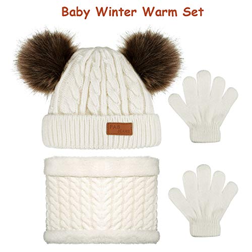 Juego Caliente de Invierno de Bebé 3 Piezas Gorro con Doble Pompones Bufanda Guantes de Puntos para Niños (Blanco)