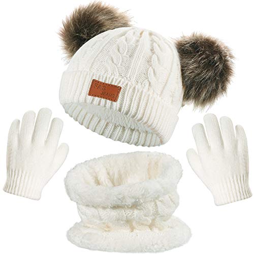 Juego Caliente de Invierno de Bebé 3 Piezas Gorro con Doble Pompones Bufanda Guantes de Puntos para Niños (Blanco)