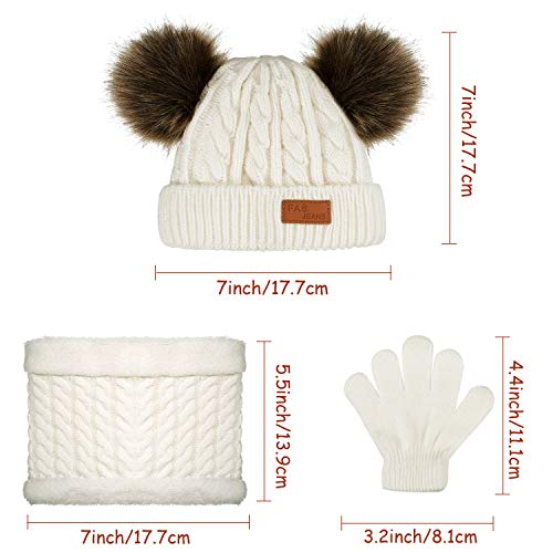 Juego Caliente de Invierno de Bebé 3 Piezas Gorro con Doble Pompones Bufanda Guantes de Puntos para Niños (Blanco)