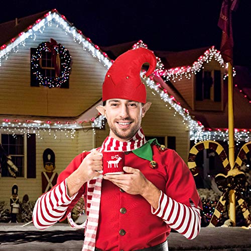 Juego de Disfraz de Elfo de Santa, Zapatos Sombrero de Elfo Cascabel Medias a Rodilla de Rayas Rojas y Verdes para Mujeres Adultas Disfraz Trajes de Fiesta de Navidad