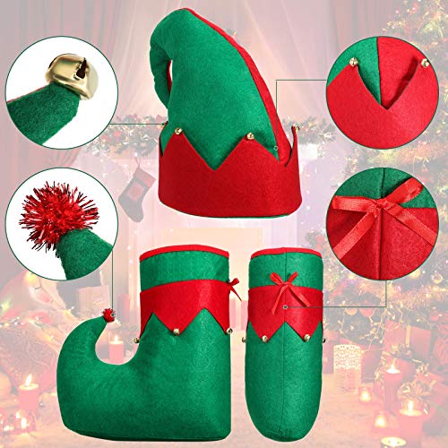 Juego de Disfraz de Elfo de Santa, Zapatos Sombrero de Elfo Cascabel Medias a Rodilla de Rayas Rojas y Verdes para Mujeres Adultas Disfraz Trajes de Fiesta de Navidad