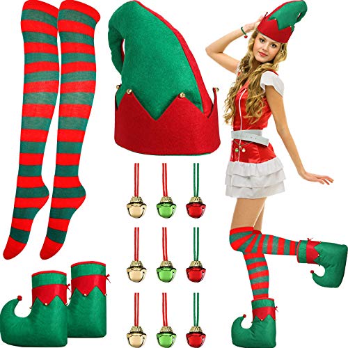 Juego de Disfraz de Elfo de Santa, Zapatos Sombrero de Elfo Cascabel Medias a Rodilla de Rayas Rojas y Verdes para Mujeres Adultas Disfraz Trajes de Fiesta de Navidad