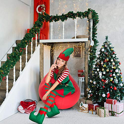 Juego de Disfraz de Elfo de Santa, Zapatos Sombrero de Elfo Cascabel Medias a Rodilla de Rayas Rojas y Verdes para Mujeres Adultas Disfraz Trajes de Fiesta de Navidad