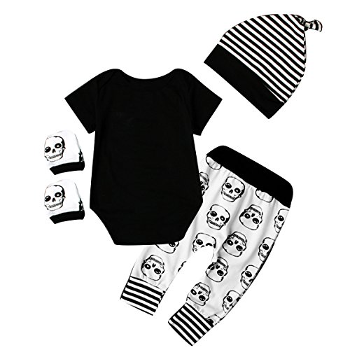 Juego de ropa de bebé para recién nacido (body, pantalones, gorro, manoplas) con diseño de calavera de Halloween Black+White Talla:0-6 meses