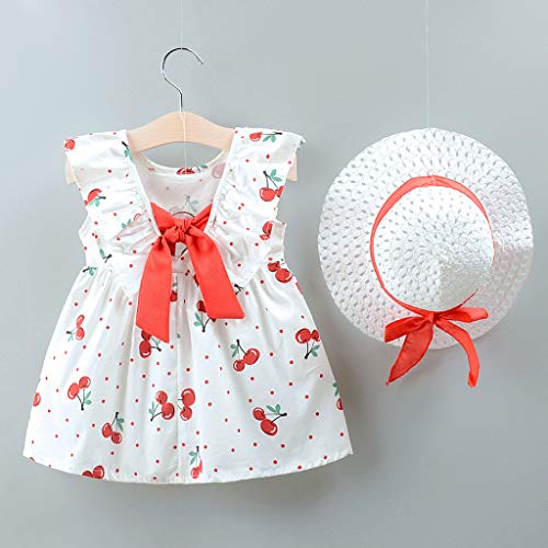 Julhold Bebé bebé niña linda frutas estampadas Princesa Casual vestido + sombrero, conjunto de ropa 0 – 3 años rojo 6-12 Meses