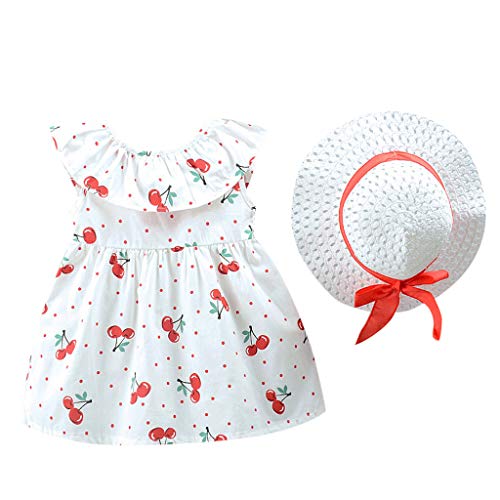 Julhold Bebé bebé niña linda frutas estampadas Princesa Casual vestido + sombrero, conjunto de ropa 0 – 3 años rojo 6-12 Meses
