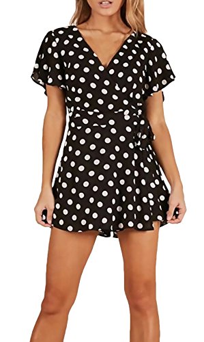 Jumpsuit Cortos Mujer Elegantes Verano Niña Mono Playsuit Overall Lunares Manga Corta V Cuello Strappy Party Moda Joven Casuales Beach