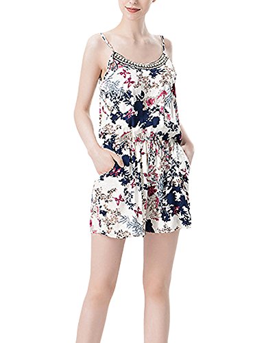 Jumpsuit Cortos Pantalones Verano Elegantes Cuello Redondo Sling Schulterfrei Playsuit Niñas Ropa Rückenfrei Chalecos Estampadas Flor Beach Mono Cintura Media Abalorios Sin Mangas Anchos Monos