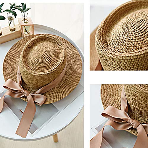 JUNGEN Sombrero de Paja de Mujer con Lazo de Cinta Sombrero de ala Ancha Sombrero de protección Solar de Verano para Playa Viajes Elegante Sombrero de Copa 56-58cm (Caqui)