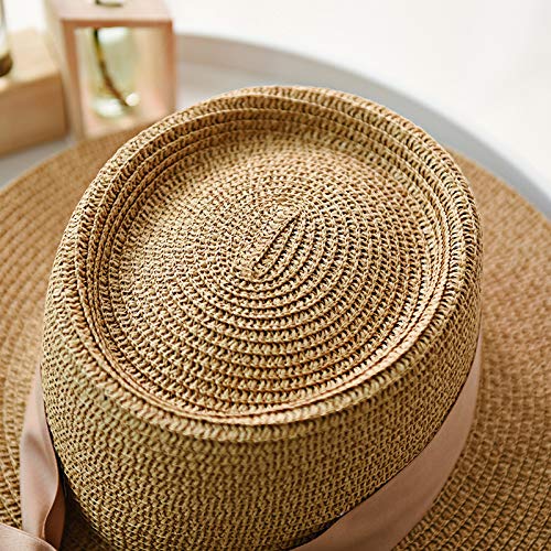 JUNGEN Sombrero de Paja de Mujer con Lazo de Cinta Sombrero de ala Ancha Sombrero de protección Solar de Verano para Playa Viajes Elegante Sombrero de Copa 56-58cm (Caqui)