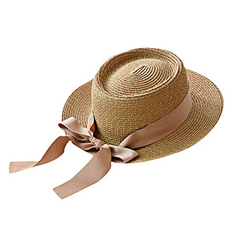 JUNGEN Sombrero de Paja de Mujer con Lazo de Cinta Sombrero de ala Ancha Sombrero de protección Solar de Verano para Playa Viajes Elegante Sombrero de Copa 56-58cm (Caqui)