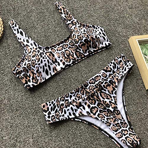 JURTEE Bikini con Estampado De Leopardo para Mujer Pañuelo Push-Up Traje De Baño Bañador Chaleco del Halter Tops Conjunto De Ropa De Playa (S, Marrón)
