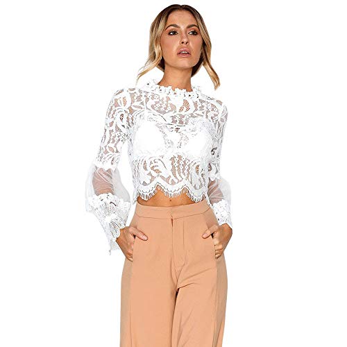 JURTEE Camiseta Blanca Mujer Encaje Hueco Tops Manga De Campana Blusa Fiesta Blusa Camisa