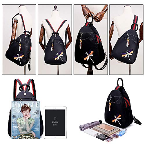 Jywmsc Mujeres único Estilo Etnico Bolsa de Pecho Elegante Bordado Libélula Mochila con Auricular Puerto y Colgante de Marfil