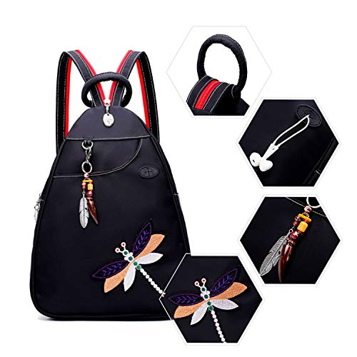 Jywmsc Mujeres único Estilo Etnico Bolsa de Pecho Elegante Bordado Libélula Mochila con Auricular Puerto y Colgante de Marfil