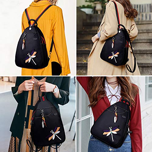 Jywmsc Mujeres único Estilo Etnico Bolsa de Pecho Elegante Bordado Libélula Mochila con Auricular Puerto y Colgante de Marfil