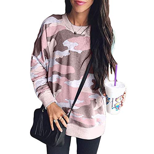 Jywmsc Sudadera con Cuello Redondo de Camuflaje de Manga Larga Informal para Mujer Jerséis Sueltos Pullover