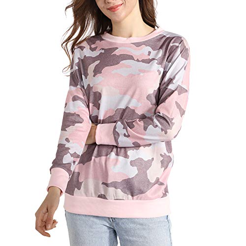 Jywmsc Sudadera con Cuello Redondo de Camuflaje de Manga Larga Informal para Mujer Jerséis Sueltos Pullover