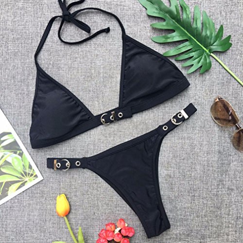 K-youth Bikini Mujer 2018 Verano Bikini Push up Mujer Bikini Cuello Halter Ropa De Baño Mujer Trajes de Baño Mujer Bikini Brasileño con Relleno Sexy Bikini Sol Playa de baño Bikini Tanga (Negro, S)