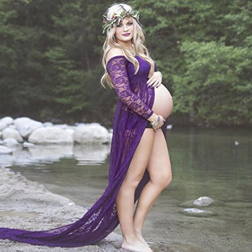 K-youth® Mujer Embarazada Encaje Larga Vestido de Maternidad Split Foto Shoot Dress Faldas fotográficas de Maternidad Fotográficas de Maternidad Apoyos De Fotografía (Violeta, L)