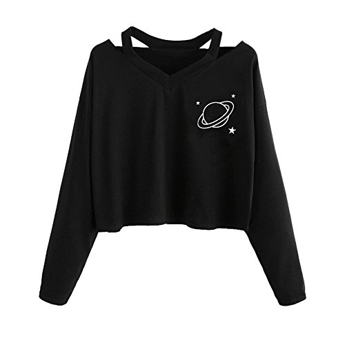 K-youth sudadera mujer Mujer Sudaderas Cortas, Tumblr Cortas Otoño Invierno Chicas Cuello V Hueco Planeta Ropa Moda Manga Larga Blusa Tops Baratos Hoodie Sweatshirt Camiseta(Negro, S)