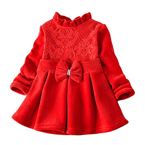 K-youth Vestido de Niña Vestido Bautizo Bebé Niñas Terciopelo Caliente Encaje Volante Arco Ropa de Niña a la Moda Barata 2018 para Frio Vestidos Niña Invierno Otoño Navidad(Rojo, 18-24 Meses)