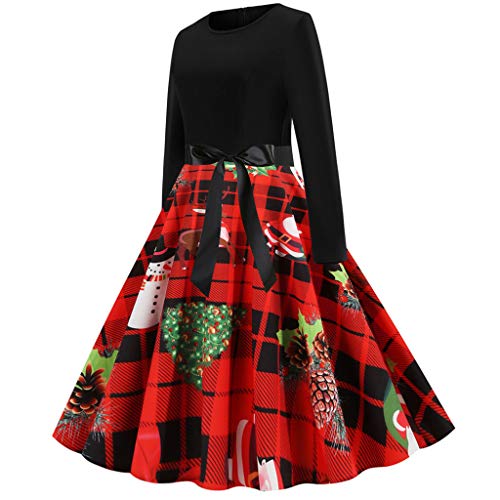 K-Youth Vestidos Navidad Mujer de la Navidad de Manga Larga Estampado Christmas Retro 1950's Audrey Hepburn Swing Vestido Mujer Otoño Invierno Fiesta Disfraz Navideño Chica Ropa Mujeres (Rojo 2, M)