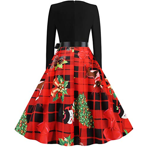 K-Youth Vestidos Navidad Mujer de la Navidad de Manga Larga Estampado Christmas Retro 1950's Audrey Hepburn Swing Vestido Mujer Otoño Invierno Fiesta Disfraz Navideño Chica Ropa Mujeres (Rojo 2, M)