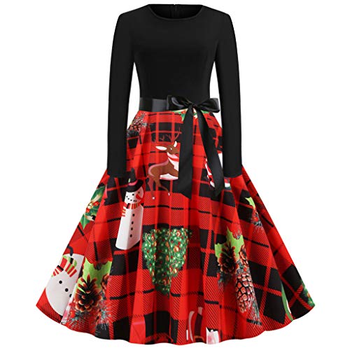 K-Youth Vestidos Navidad Mujer de la Navidad de Manga Larga Estampado Christmas Retro 1950's Audrey Hepburn Swing Vestido Mujer Otoño Invierno Fiesta Disfraz Navideño Chica Ropa Mujeres (Rojo 2, M)