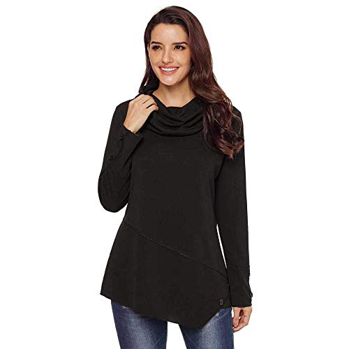 KAIDILA Jersey asimétrico Detalle asimétrico Chimenea Cuello Top otoño Nuevo sólido Pila Collar Largo Manga botón Detalle de botón Negro Ca Sual Sudadera Chica