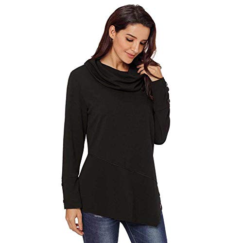 KAIDILA Jersey asimétrico Detalle asimétrico Chimenea Cuello Top otoño Nuevo sólido Pila Collar Largo Manga botón Detalle de botón Negro Ca Sual Sudadera Chica