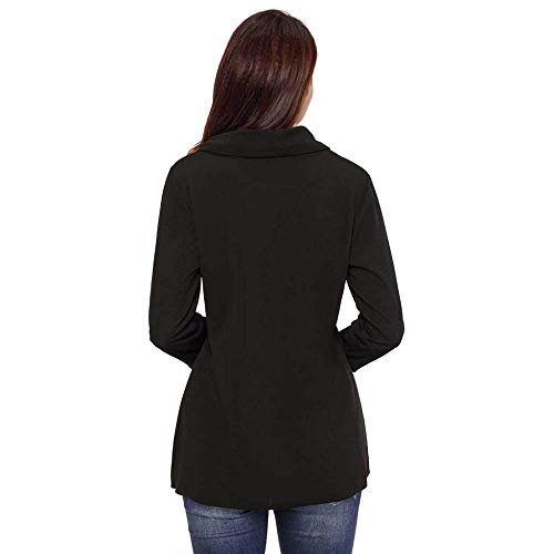 KAIDILA Jersey asimétrico Detalle asimétrico Chimenea Cuello Top otoño Nuevo sólido Pila Collar Largo Manga botón Detalle de botón Negro Ca Sual Sudadera Chica