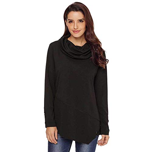 KAIDILA Jersey asimétrico Detalle asimétrico Chimenea Cuello Top otoño Nuevo sólido Pila Collar Largo Manga botón Detalle de botón Negro Ca Sual Sudadera Chica