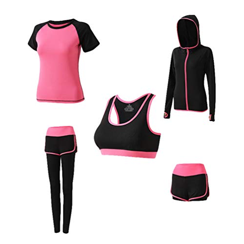 Kaiyei Conjunto Deportivo Mujer Fitness 5 Piezas Outfit Yoga Secado Rápido Elástico Suave Transpirable Gym Ciclismo Sport Camiseta+Sujetador+Pantalones Cortos+Cintura Alta Polainas+Abrigo Rosa Rojo XL