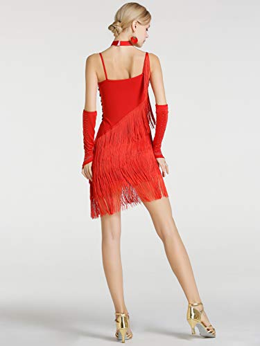 Kaiyei Hembra Latina Baile Traje de Malla Lentejuelas Borla Latina Ropa Vestido para Las Mujeres de América Latina Salsa Ballroomdance Vestidos Rojo S